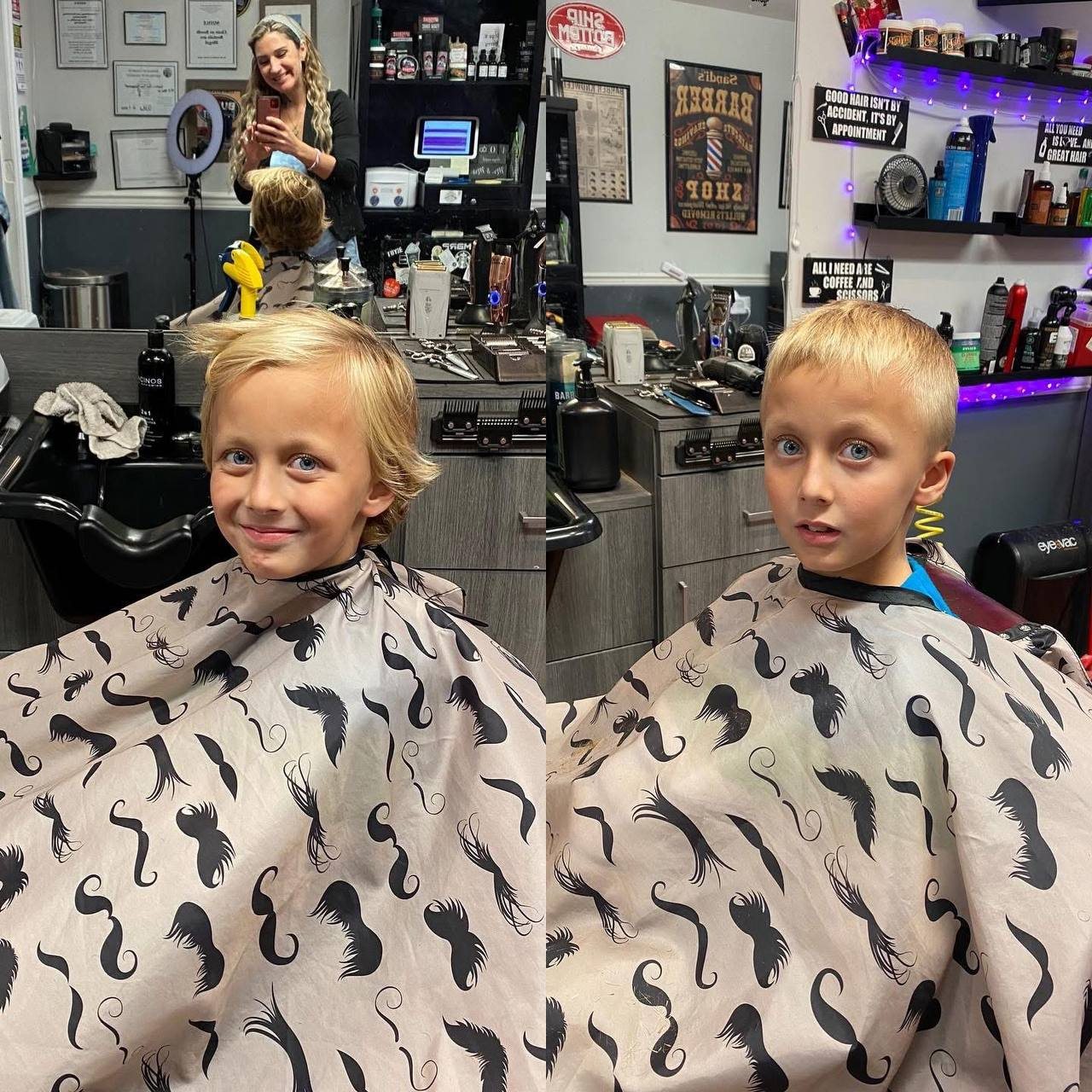 A young boy before and after his haircut at Sandi's Old Time Barbershop
