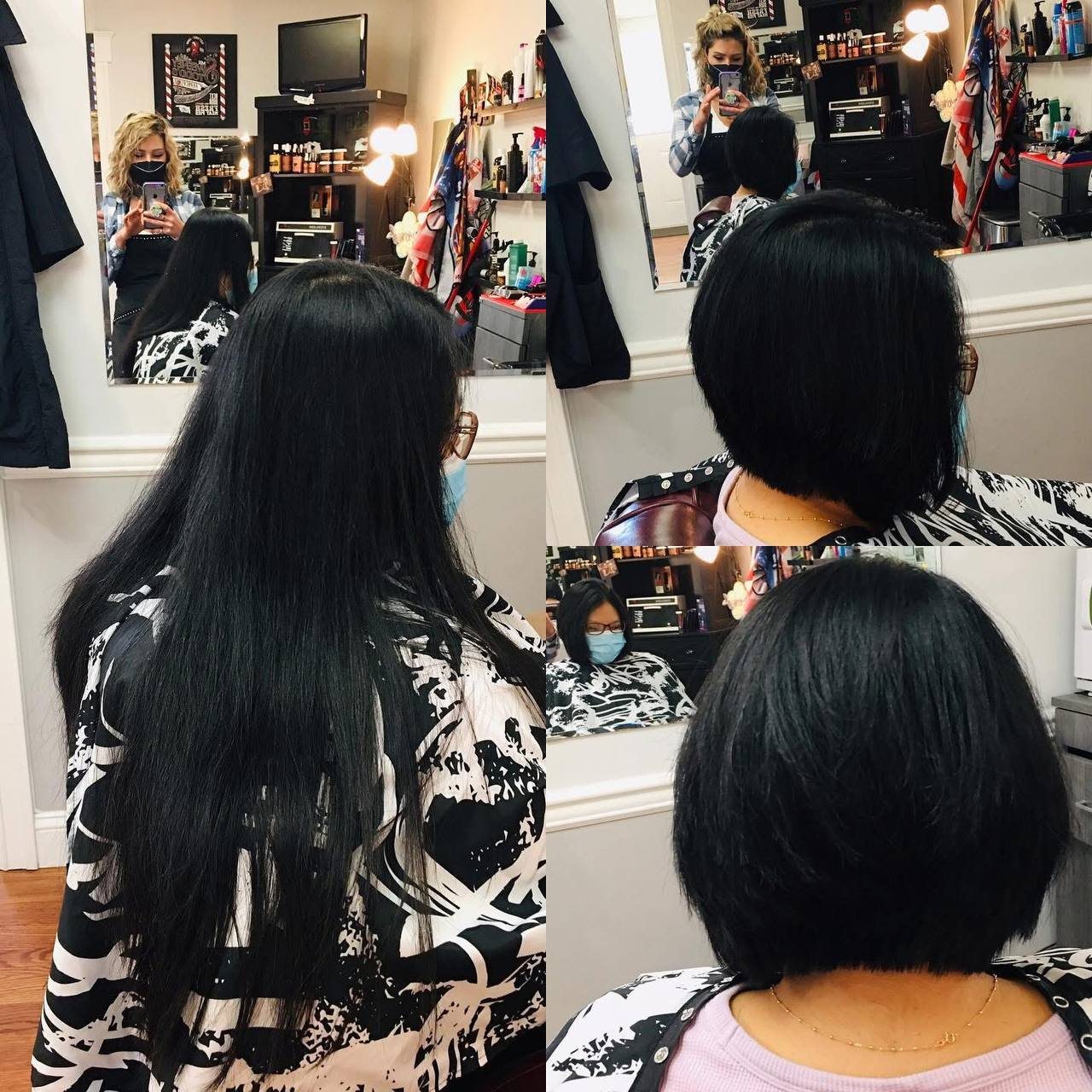 A woman's long hair cut into a bob at Sandi's Old Time Barbershop, before and after